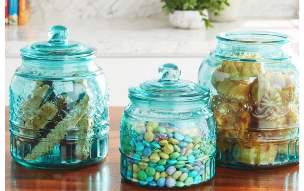 pioneer woman blue glass canisters