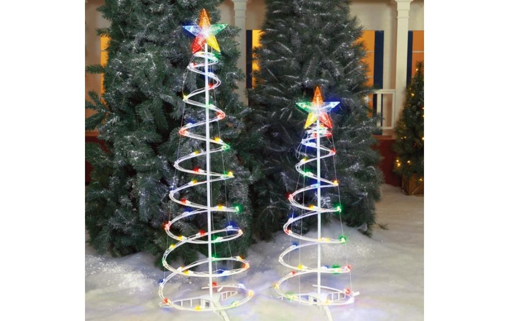 2 lighted outdoor Christmas trees